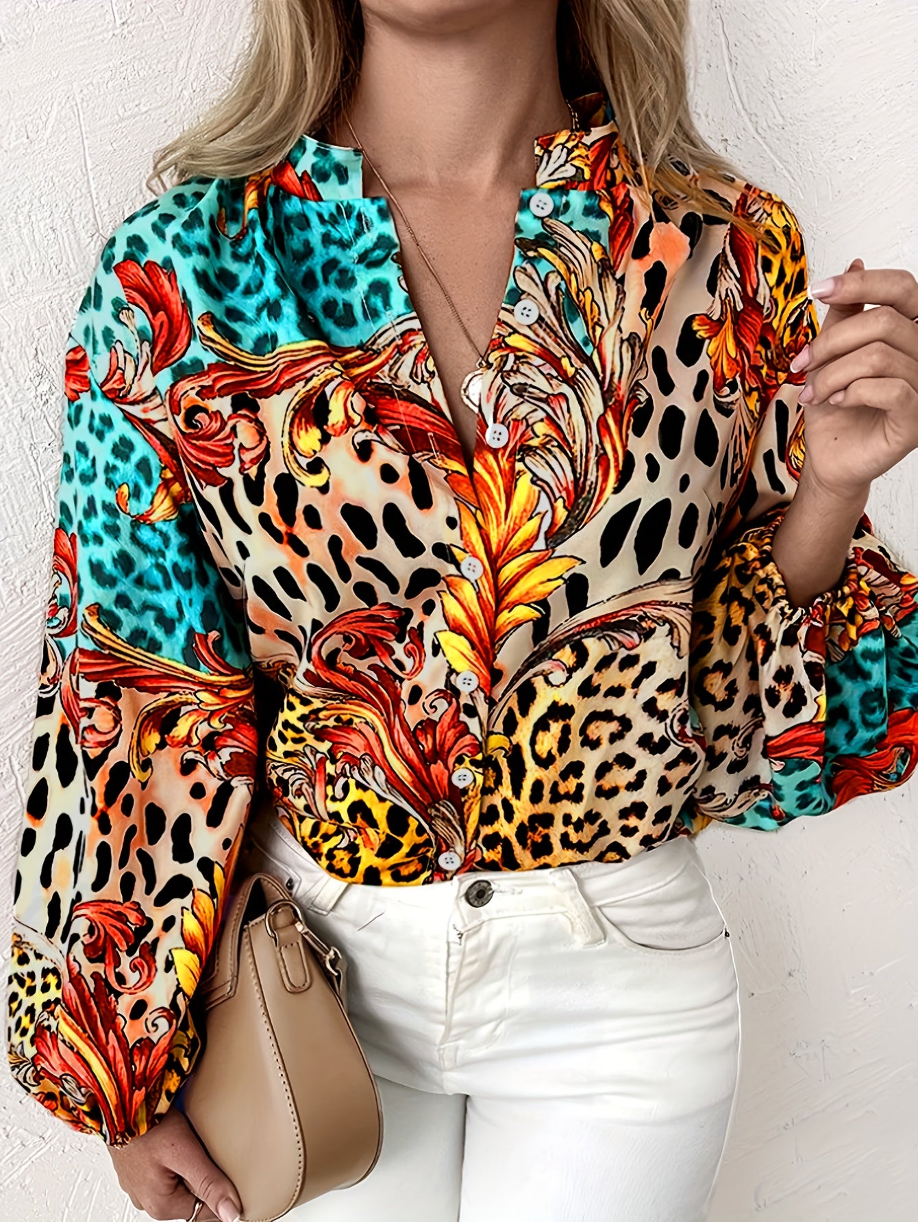 Baroque Print Lantern Sleeve Blouse