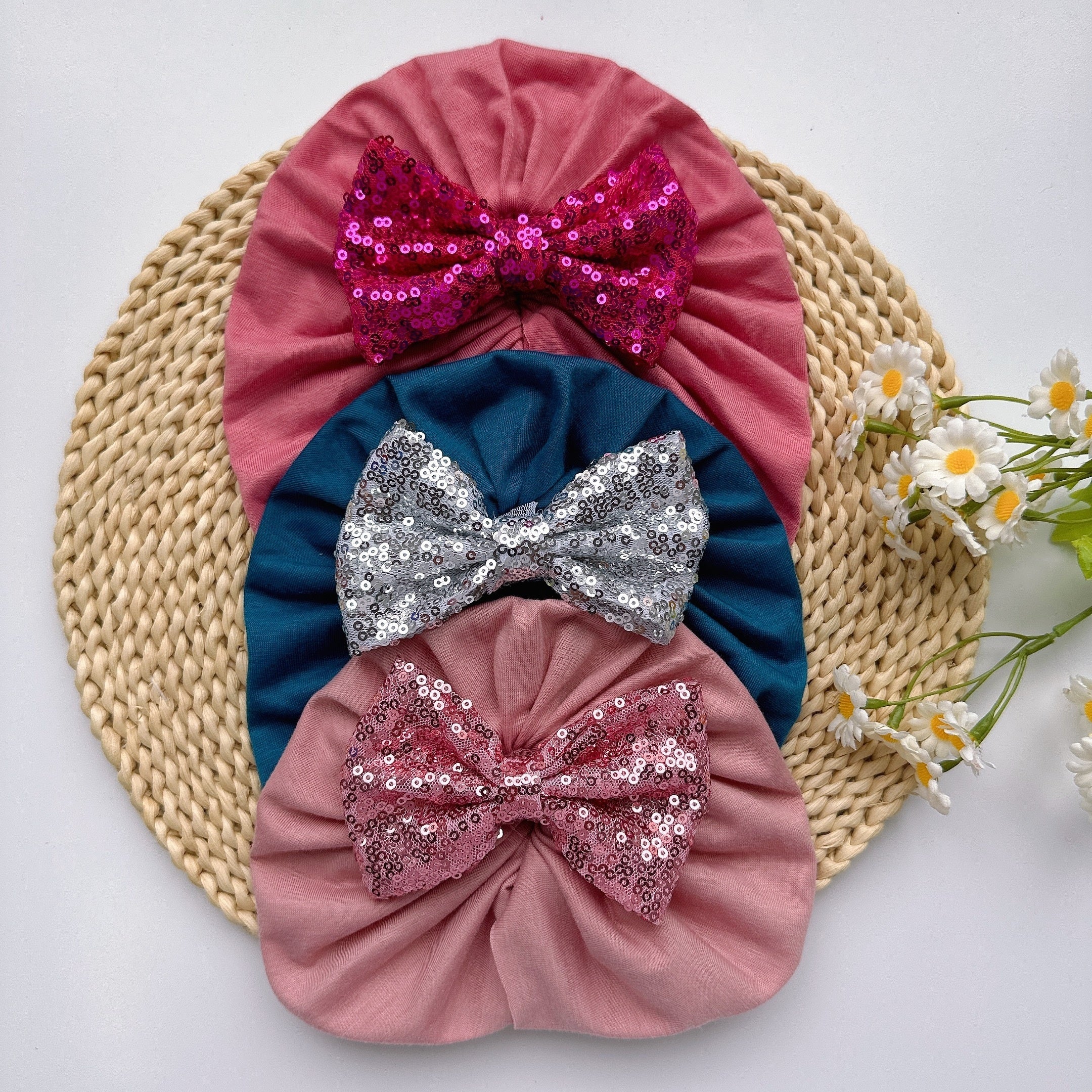 Soft Elastic Baby Sequin Bow Hat For Boys And Girls