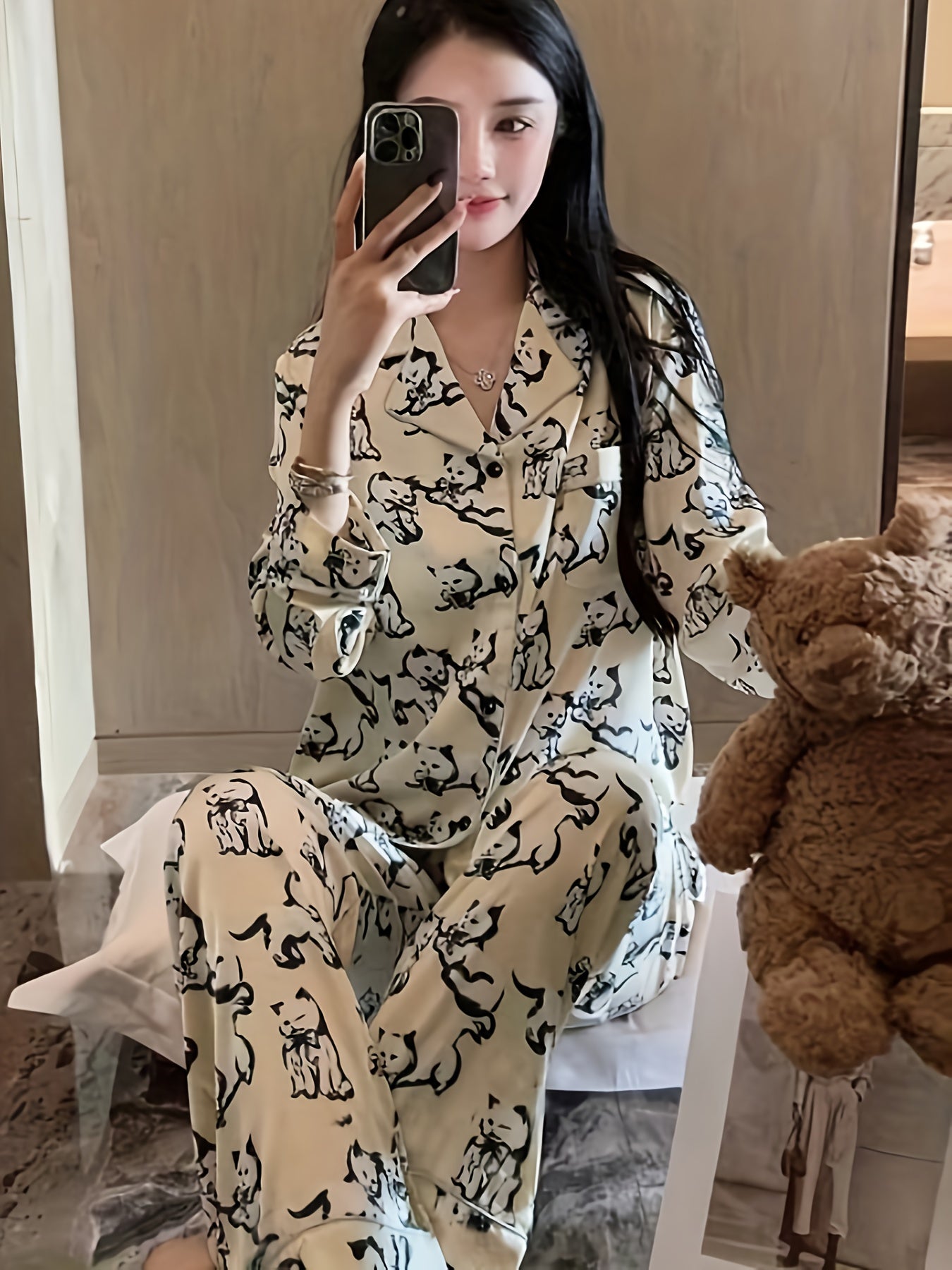 Cat Print Pajama Set Long Sleeve Top & Pants
