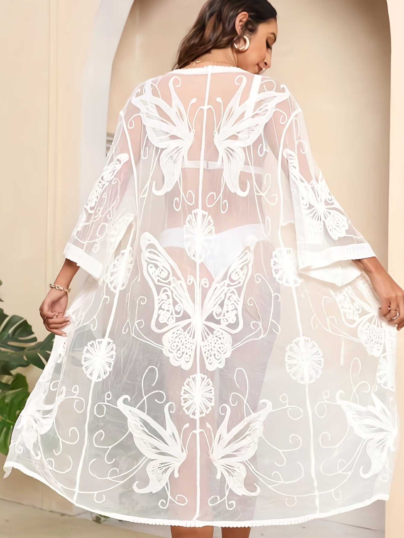 Butterfly Lace Sheer Cover Up Cardigan 3 4 Sleeve Boho Sun Protection