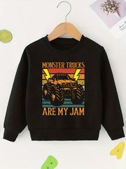Colorful Monster Truck Print Boys Casual Pullover Sweatshirt