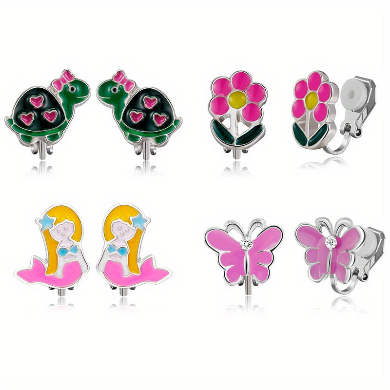 4 Pairs Enamel Ear Clips For Girls Animal Clip Earrings Pack