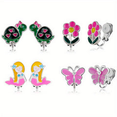 4 Pairs Enamel Ear Clips For Girls Animal Clip Earrings Pack