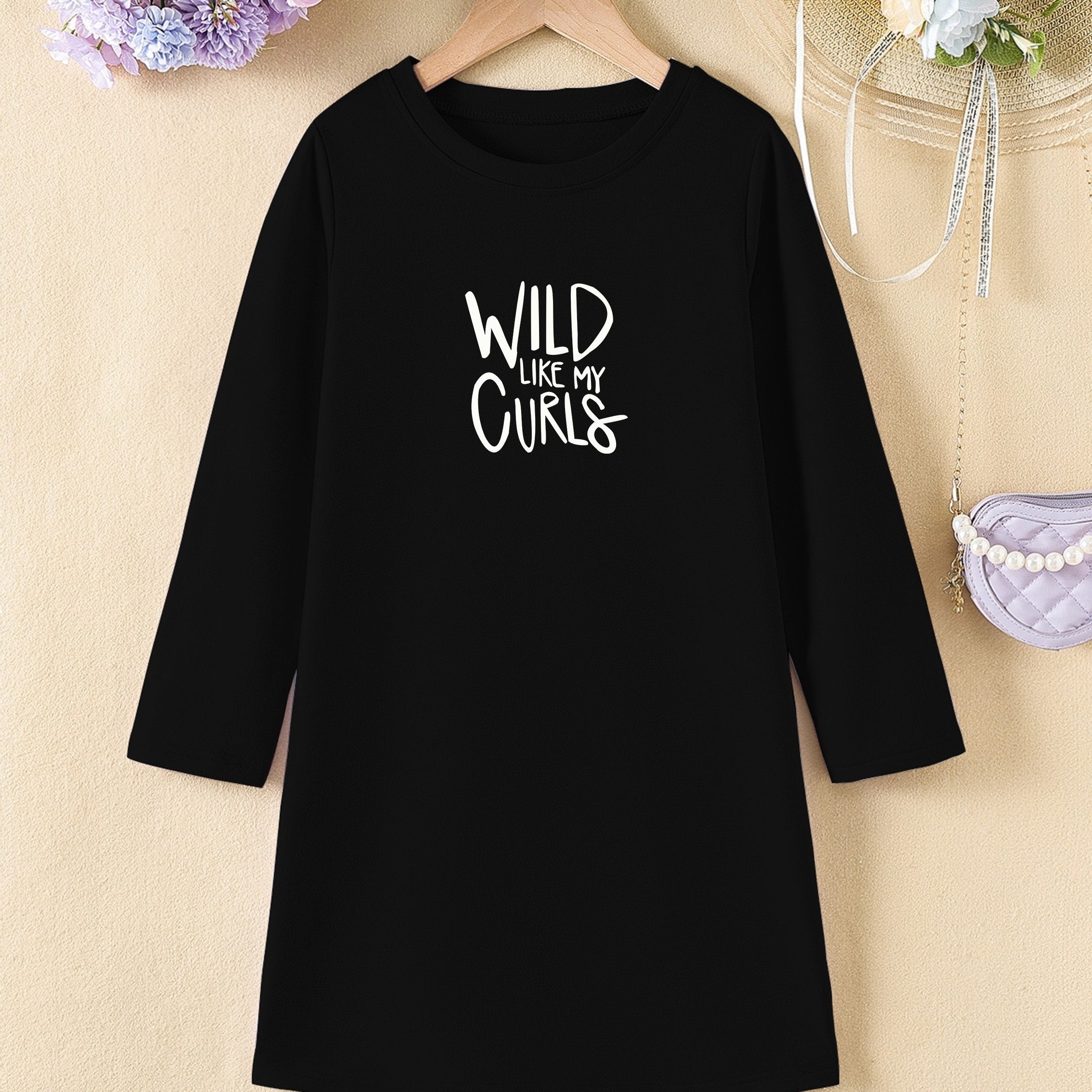 Girls' Letter Print Long Sleeve A Line Dress for Spring Fall