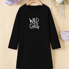Girls' Letter Print Long Sleeve A Line Dress for Spring Fall
