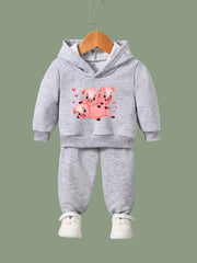 2pcs Cartoon Piggy Print Hoodies Pants Set For Kids Spring Fall Sports