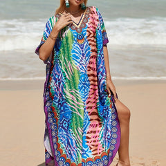 Boho Cover Up Dress Women's Plus Random Print Bat Sleeve V Neck