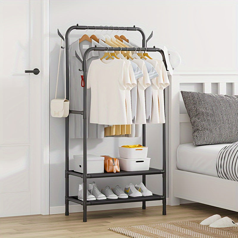Double Rod Clothes Drying Rack With Hooks Standing Garment Clothes Rack