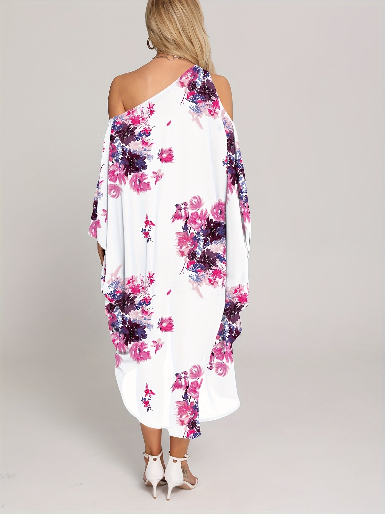 Floral Print Cover Up Dress One Shoulder Asymmetrical Neck Rash Guard Kaftan