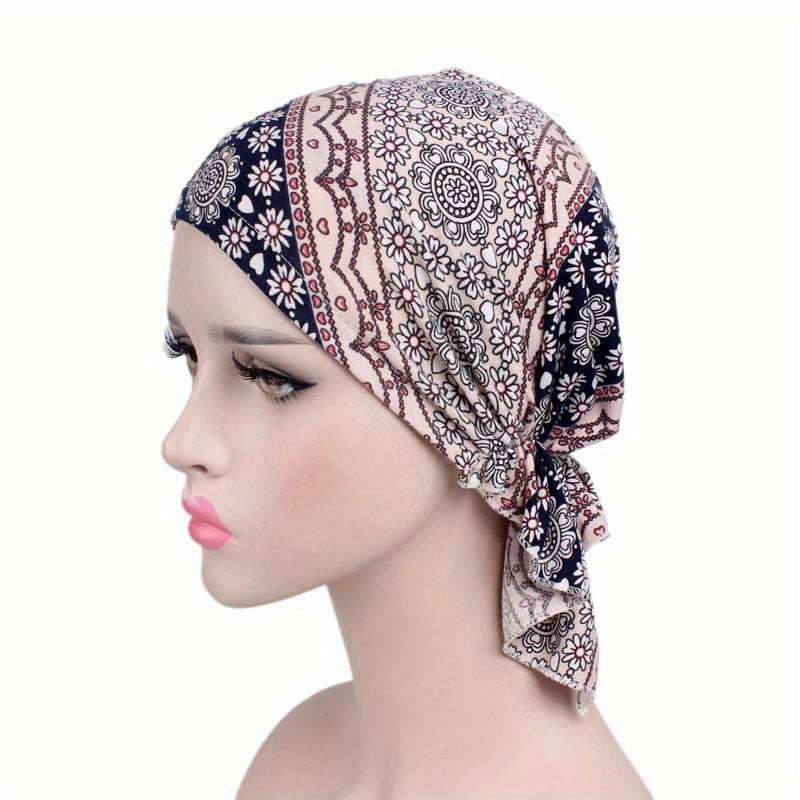 Pre tied Printed Turban Cap Elastic Head Wrap Vintage Beanie Chemo Hats