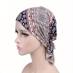 Pre tied Printed Turban Cap Elastic Head Wrap Vintage Beanie Chemo Hats