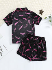 Girls Pink Feather Printed Pajama Set
