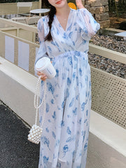Floral Print Surplice Neck Dress Chiffon Long Sleeve