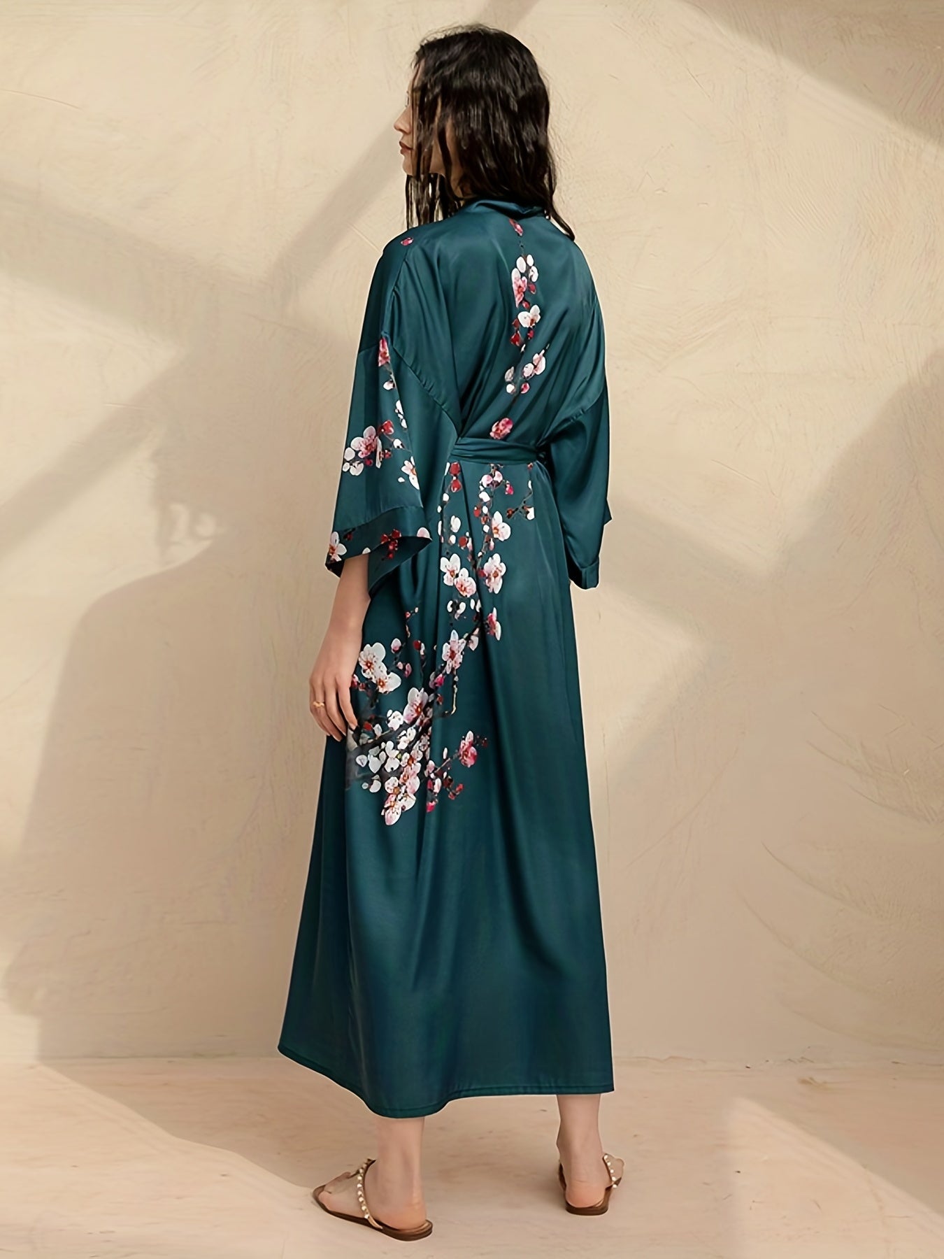 Floral Print Satin Night Robe V Neck House Robe Women's Sleepwear