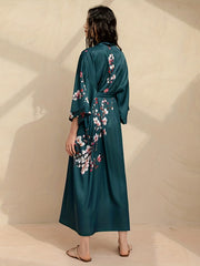 Floral Print Satin Night Robe V Neck House Robe Women's Sleepwear