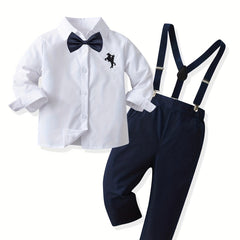 2pcs Boys Gentleman Outfits Short Sleeve Bowtie Long Sleeve Shirt&Suspender Kids