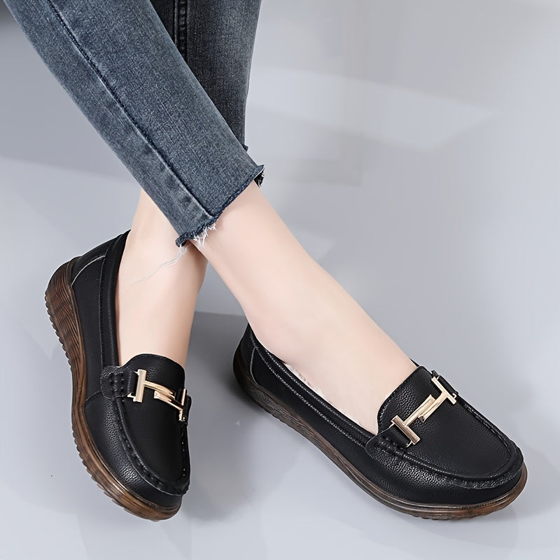Women's Plush Lined Wedge Loafers Metal Buckle Flats Slip On Shoes