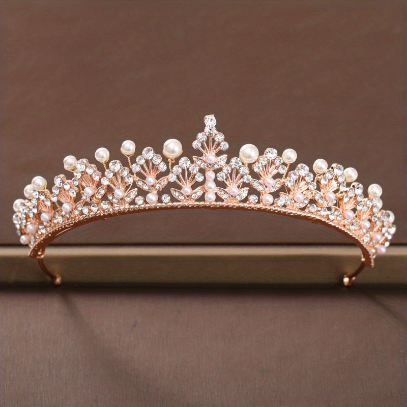 Golden Rhinestone Faux Pearl Wedding Crown Headband Bridal Tiara