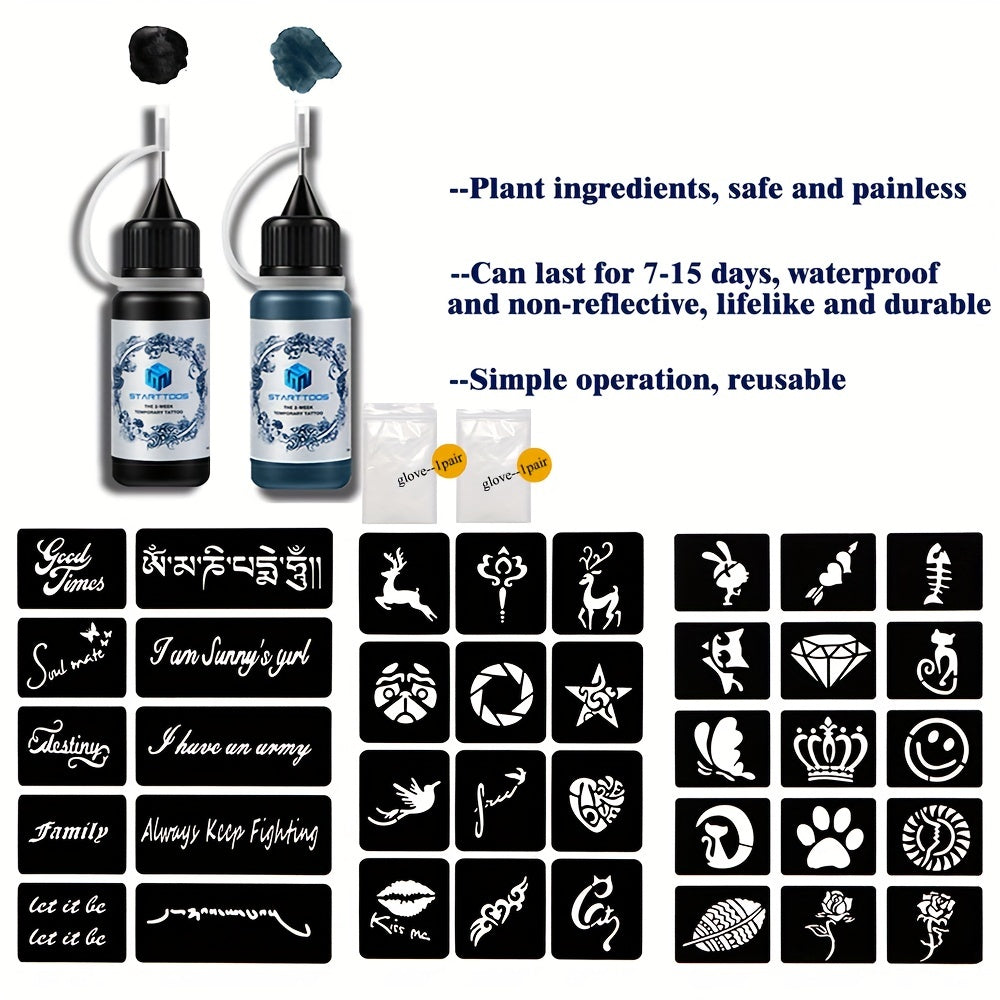 3 A4 Tattoo Stencils + Dye Paste - Animal Word Butterfly Pattern Semi-permanent