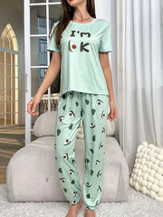 Avocado Print Pajama Set Short Sleeve Top & Pants Women's Sleepwear