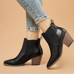 Women's Pointed Toe Ankle Boots Block Heel Faux Leather Shoes