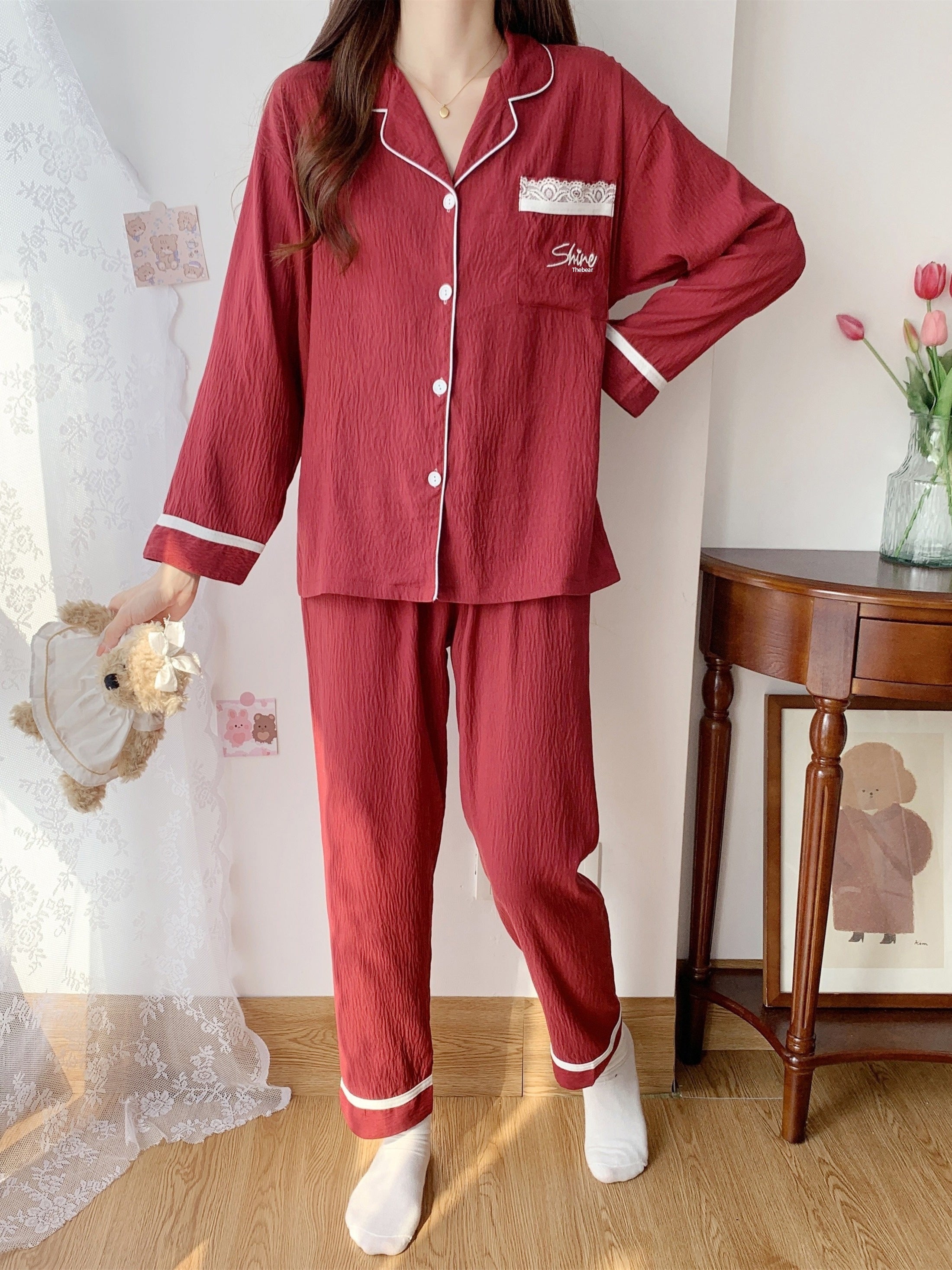2pcs Spring/Fall Loungewear Set Long Sleeve Button Top & Pants