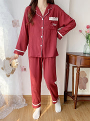 2pcs Spring/Fall Loungewear Set Long Sleeve Button Top & Pants