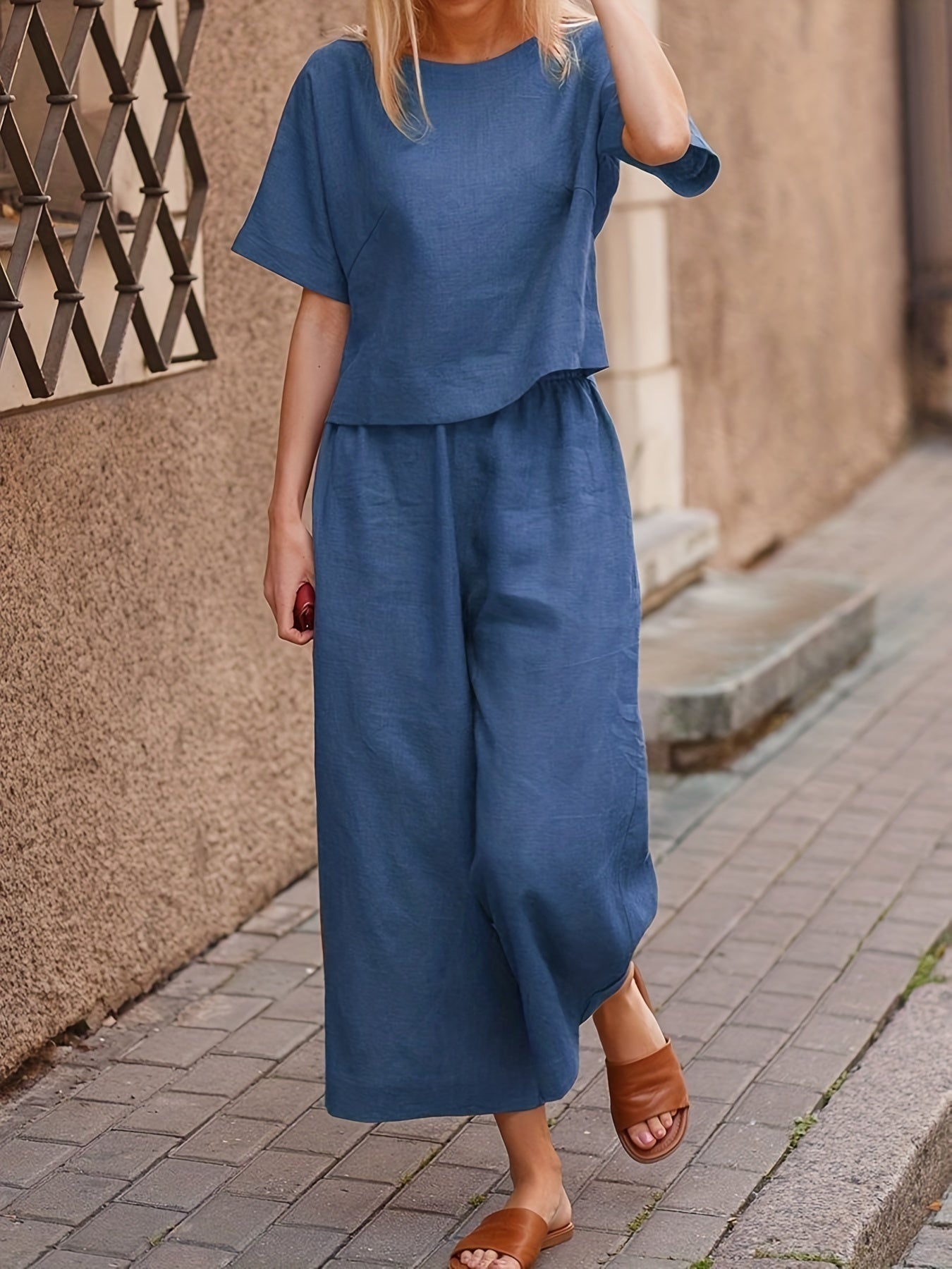 Two piece Set Crew Neck Short Sleeve T shirt & Wide Leg Pants