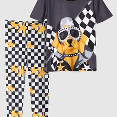 Kid's 2pcs Pajamas Set Sunglasses Dog Print Loungewear PJ Set Boy's Clothes