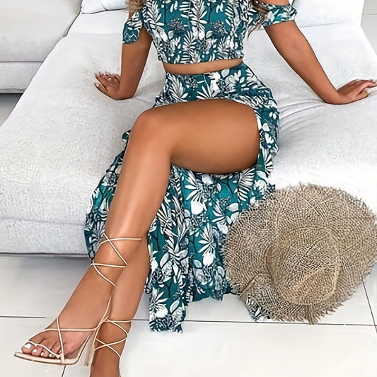 Vacation Plant Print 2pc Set Off Shoulder Tops & High Waist Skirts