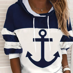 Anchor Print Drawstring Hoodie Casual Sweatshirt Women's Clothing