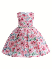 Toddler Girls Ruffle Trim Flowers And Butterfly Graphic Bow Princess Dress