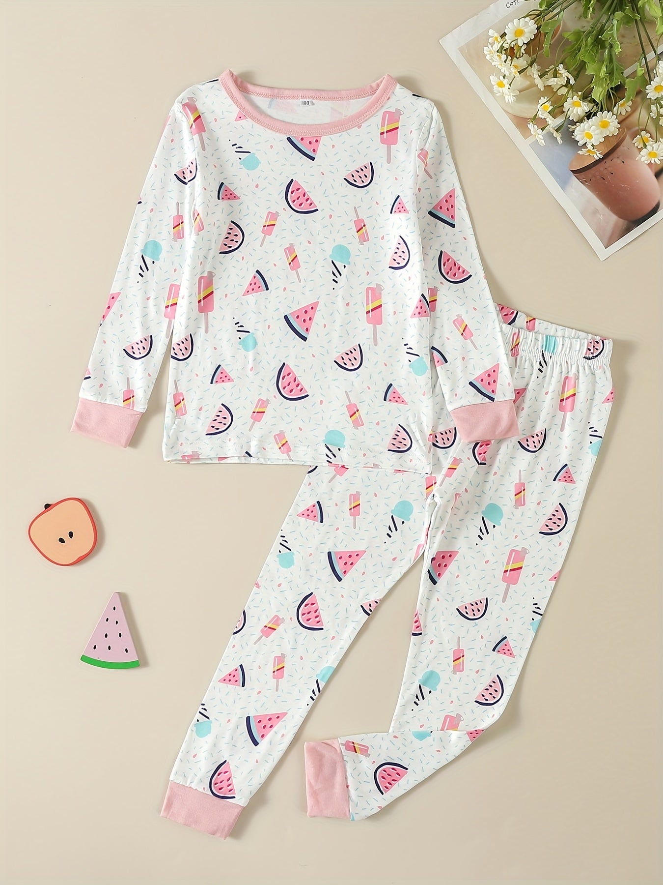 2Pcs Toddler Girls Watermelon Pajama Set Long Sleeve Top & Pants