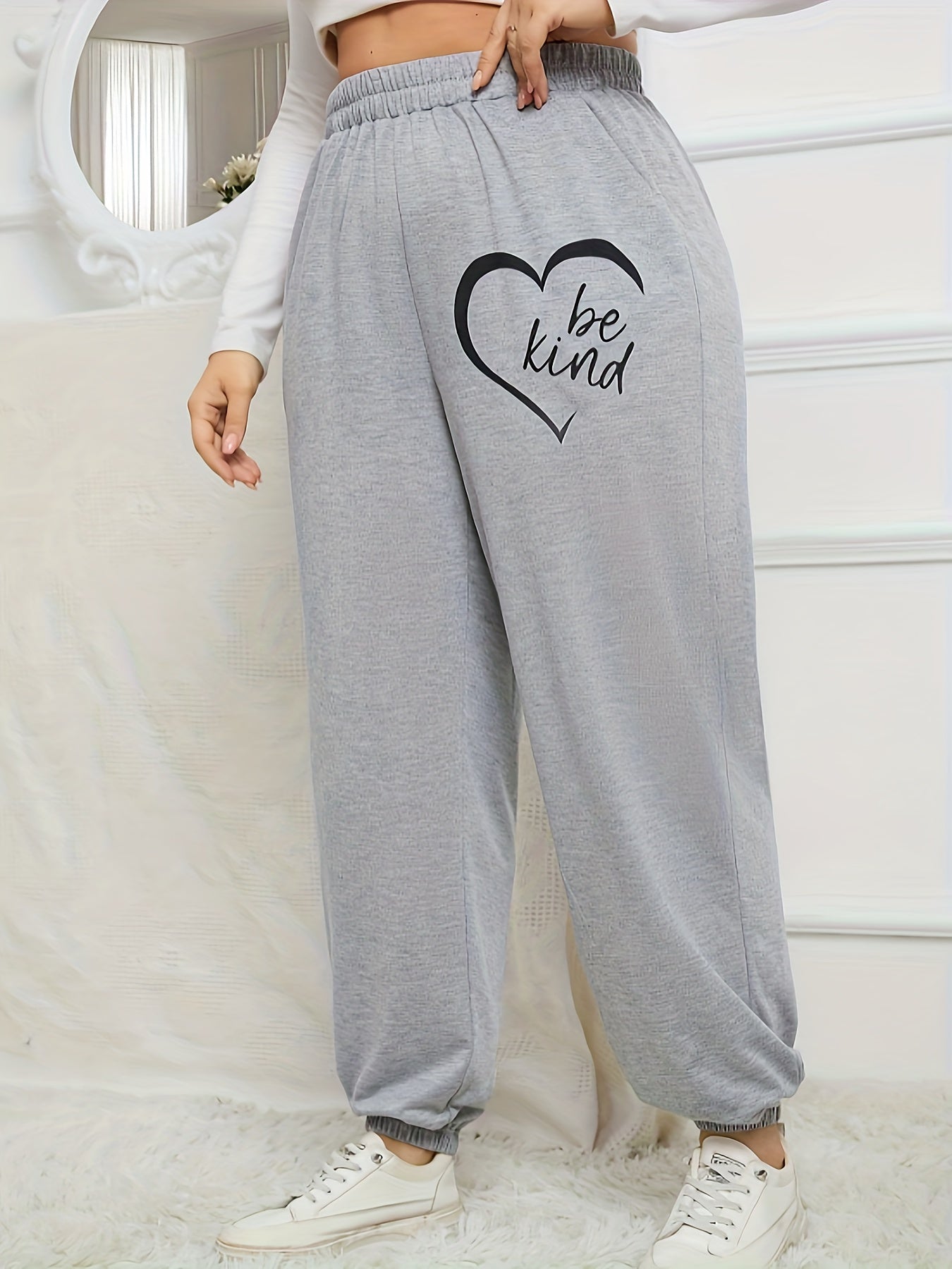 Women's Plus Size Sporty Pants Heart & Slogan Print Elastic Waist