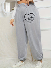 Women's Plus Size Sporty Pants Heart & Slogan Print Elastic Waist