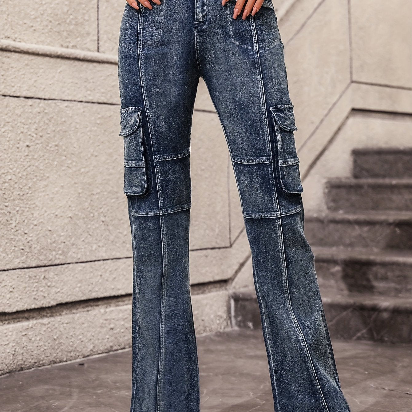 Flap Pockets Cargo Pants High Waist High Stretch Y2K Style Pintuck Jeans