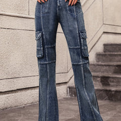 Flap Pockets Cargo Pants High Waist High Stretch Y2K Style Pintuck Jeans