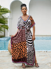 Boho Cover Up Women's Plus Leopard Print V Neck Split Dress