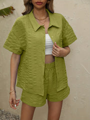 Textured Blouse Set Button Short Sleeve Blouse & Elastic Shorts