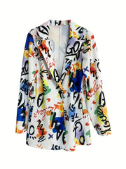 Casual Blazer Women's Plus Graffiti Print Long Sleeve Blazer