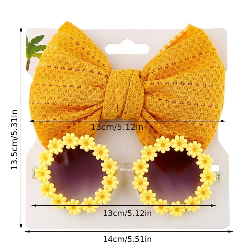 2pcs Bowknot Hair Rope & Flower Round Sunglasses for Sun Protection