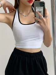 Y2K Halter Neck Crop Top Backless Contrast Trim
