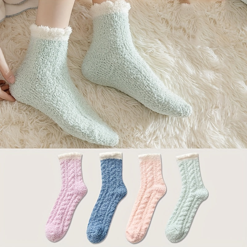 4 Pairs Fuzzy Floor Socks, Comfy & Warm Mid Tube Socks, Women's Stockings