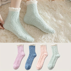 4 Pairs Fuzzy Floor Socks, Comfy & Warm Mid Tube Socks, Women's Stockings