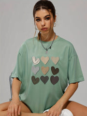 Heart Print Crew Neck T Shirt Loose Fit Short Sleeve Graphic Tee