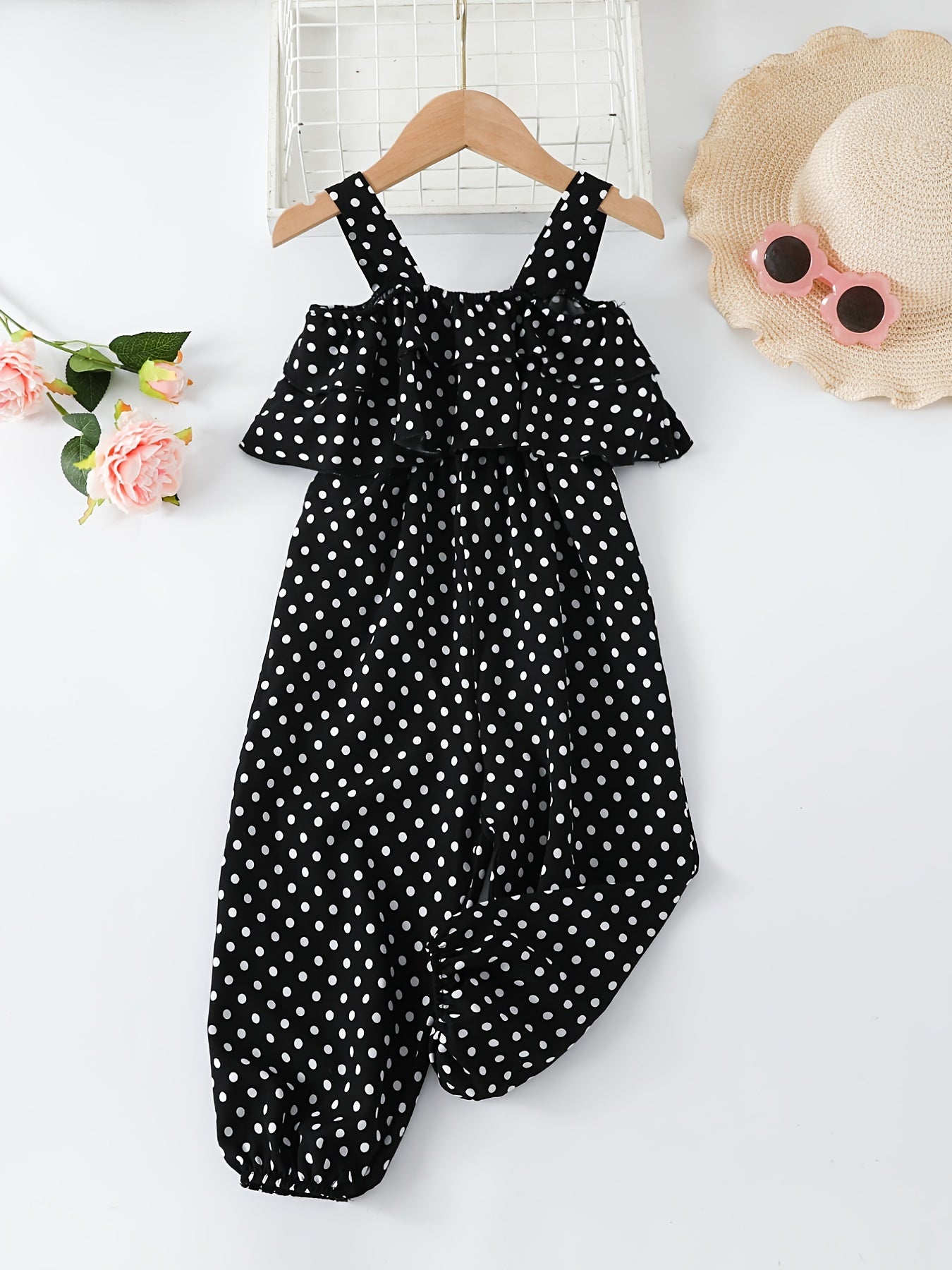 Girls Polka Dot Print Ruffled Suspender Jumpsuit