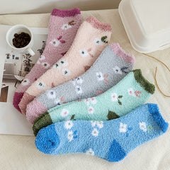 Floral Print & Colorblock Fuzzy Socks Set