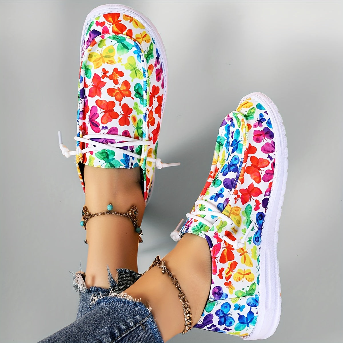 Colorful Butterfly Print Low Top Sneakers Lightweight Casual Shoes