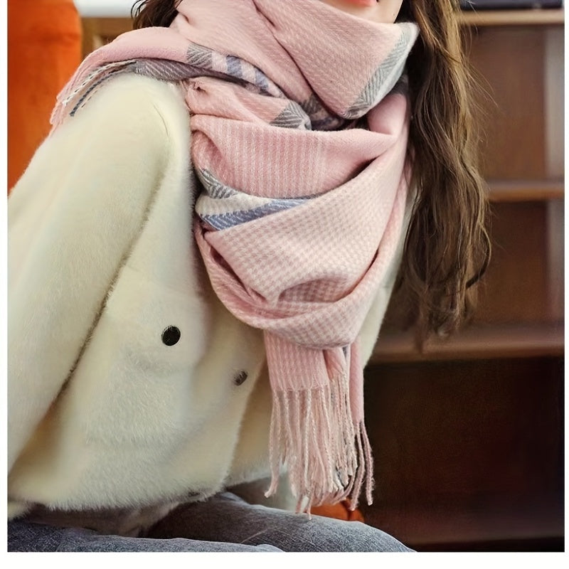 Cashmere Warm Scarf Plaid Print Tassel Shawl Windproof Head Wrap Scarves