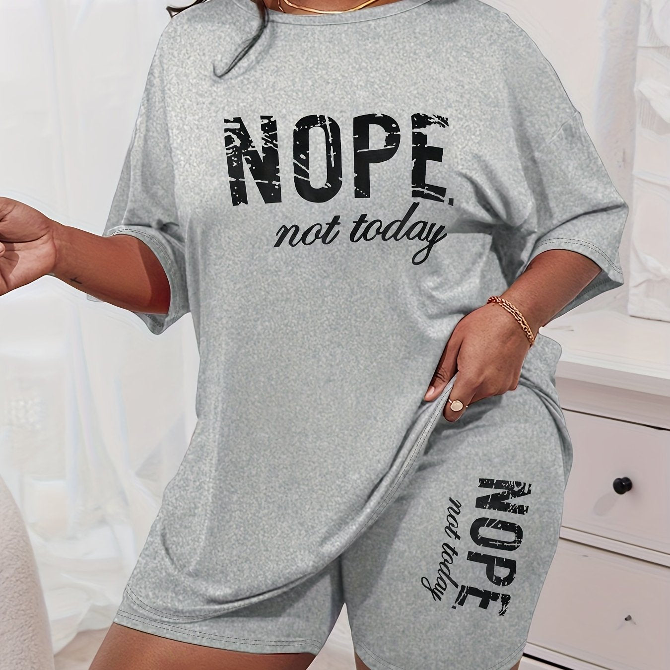 Slogan Print Tee & Shorts Lounge Set